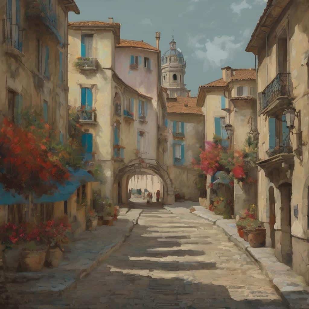 Γραφικό στενό δρόμου στην πόλη με πολύχρωμα παλιά κτίρια και λουλούδια, εμπνευσμένο από την παραδοσιακή τέχνη.