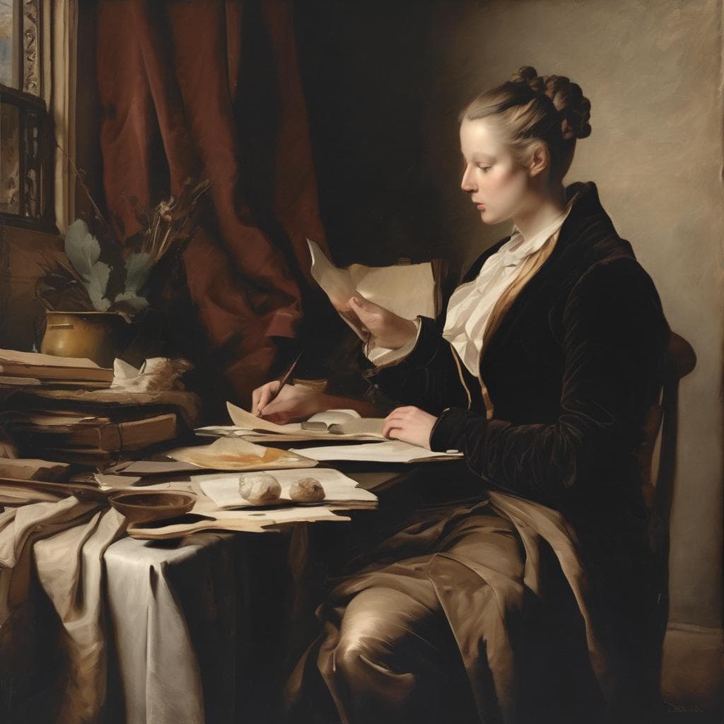 Γυναίκα διαβάζει γράμματα σε φωτισμένο εσωτερικό χώρο, αναδεικνύοντας τη διαμόρφωση της τέχνης.