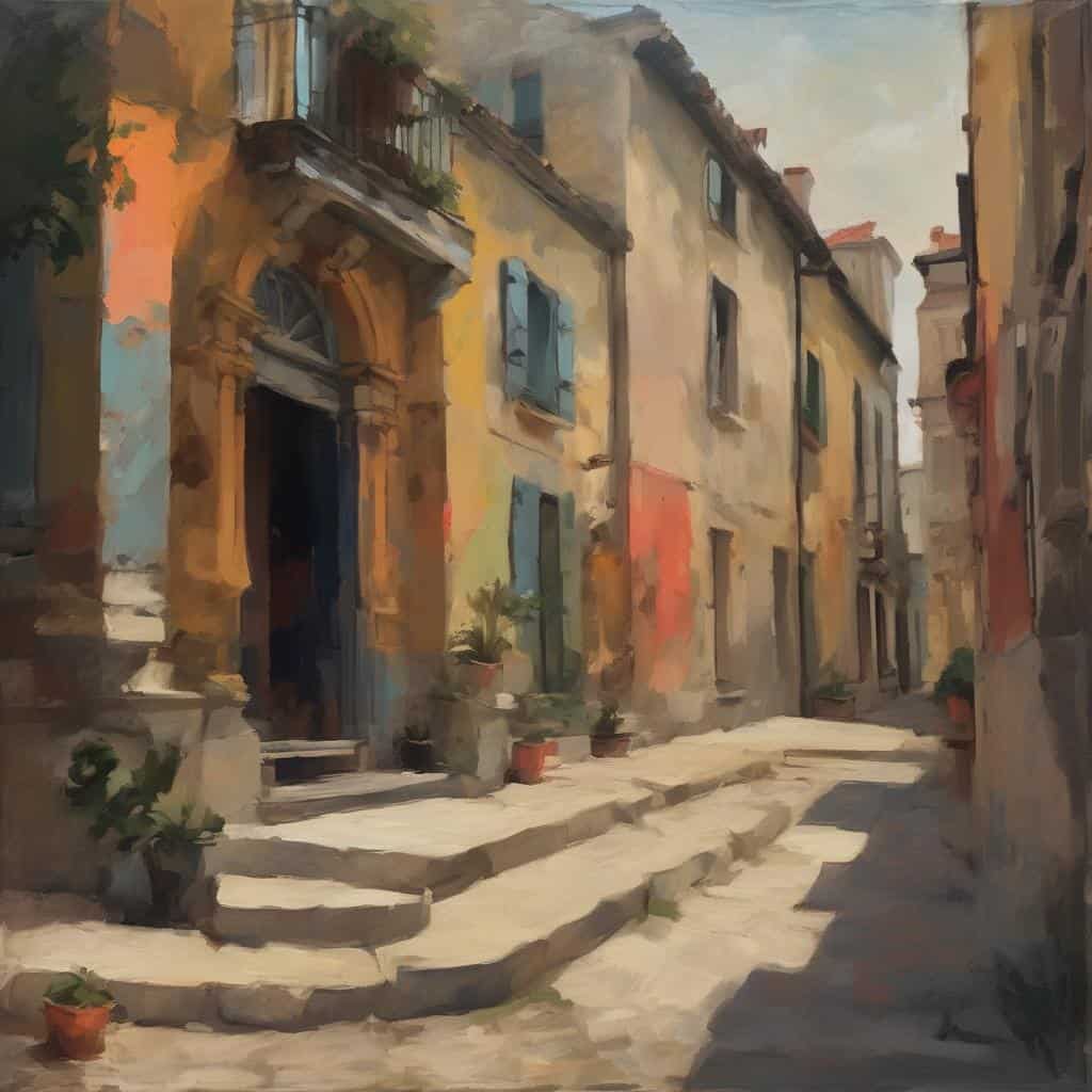 Παλιά αστική γειτονιά με χρωματιστά κτήρια και σκαλοπάτια, ζωγραφική εικόνα στην Ελλάδα με ιστορική τέχνη.