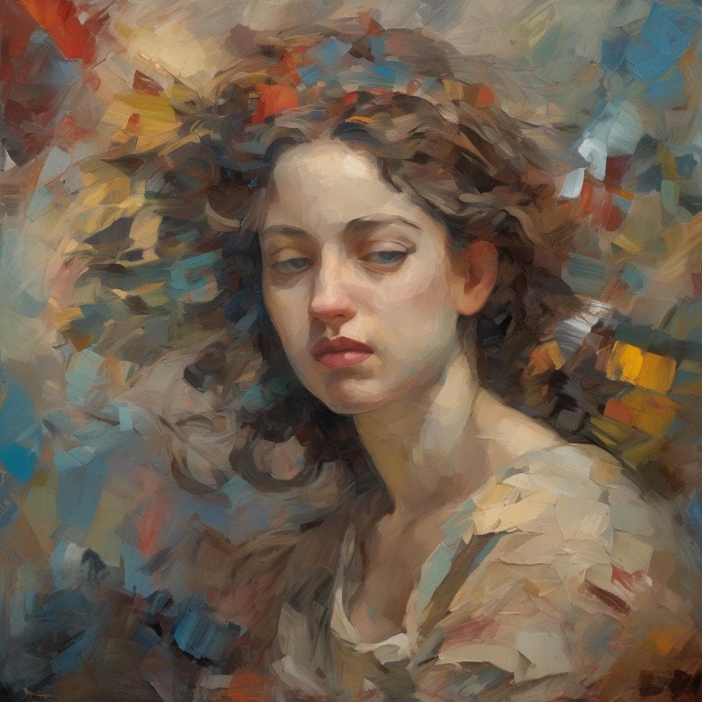 Ορεκτική πορτρέτο γυναίκας με πλούσια φούξια μαλλιά σε ζωγραφικό στυλ.