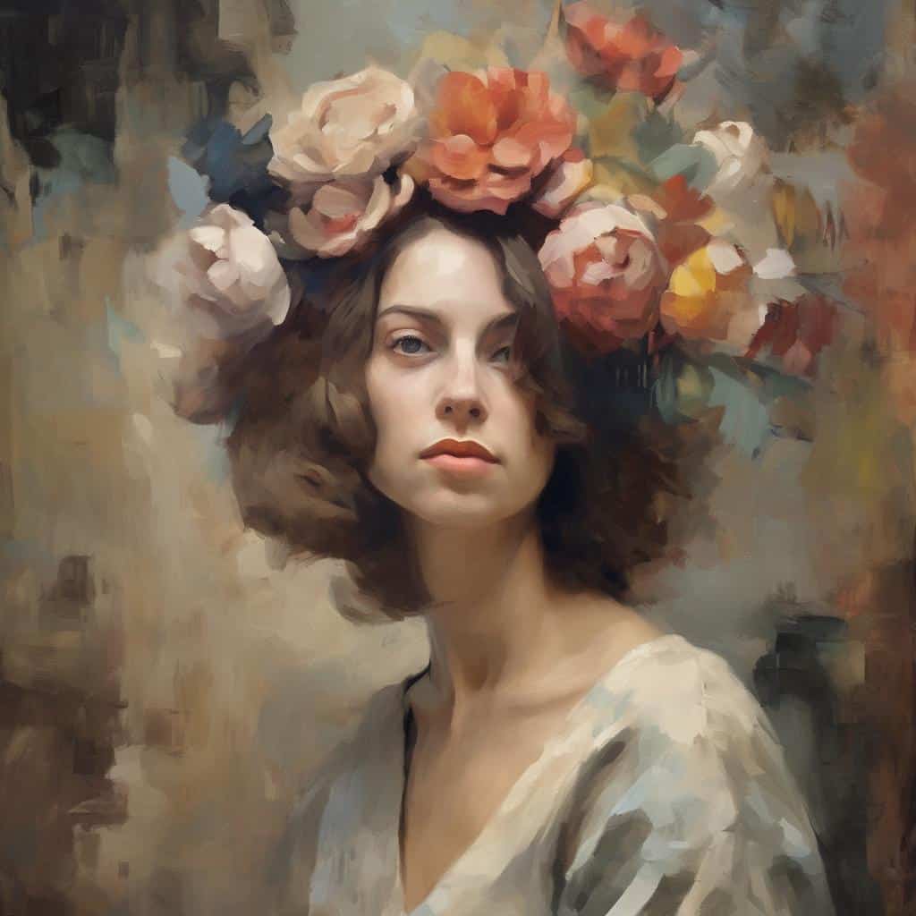 Όμορφη γυναίκα με λουλούδια στα μαλλιά, ζωγραφική τέχνη, πορτρέτο σε ρεαλιστικό στυλ.