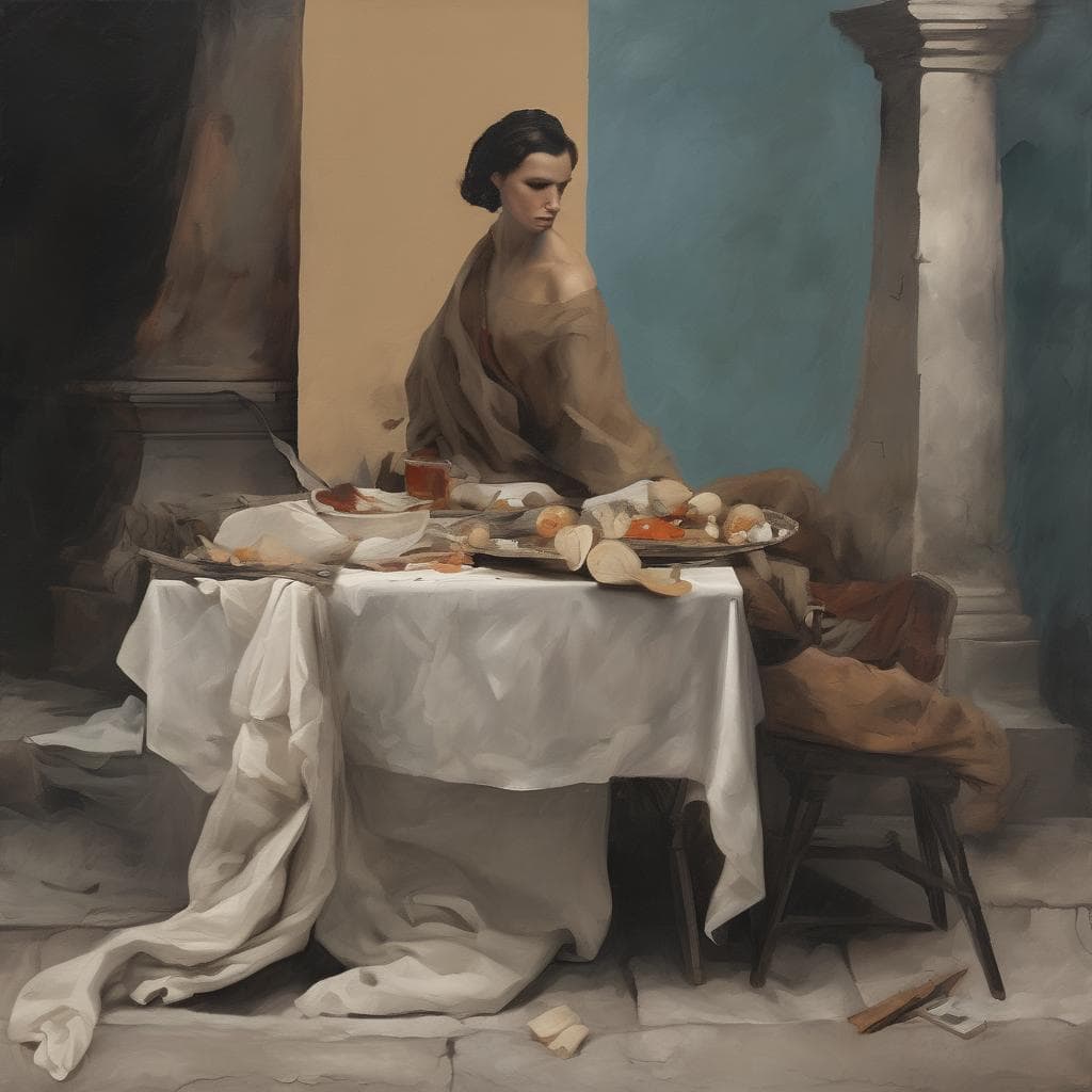 Ξανθιά γυναίκα καθήμενη σε τραπέζι με πιάτα και χαρτί, σε κλασικό εσωτερικό, έργο τέχνης.